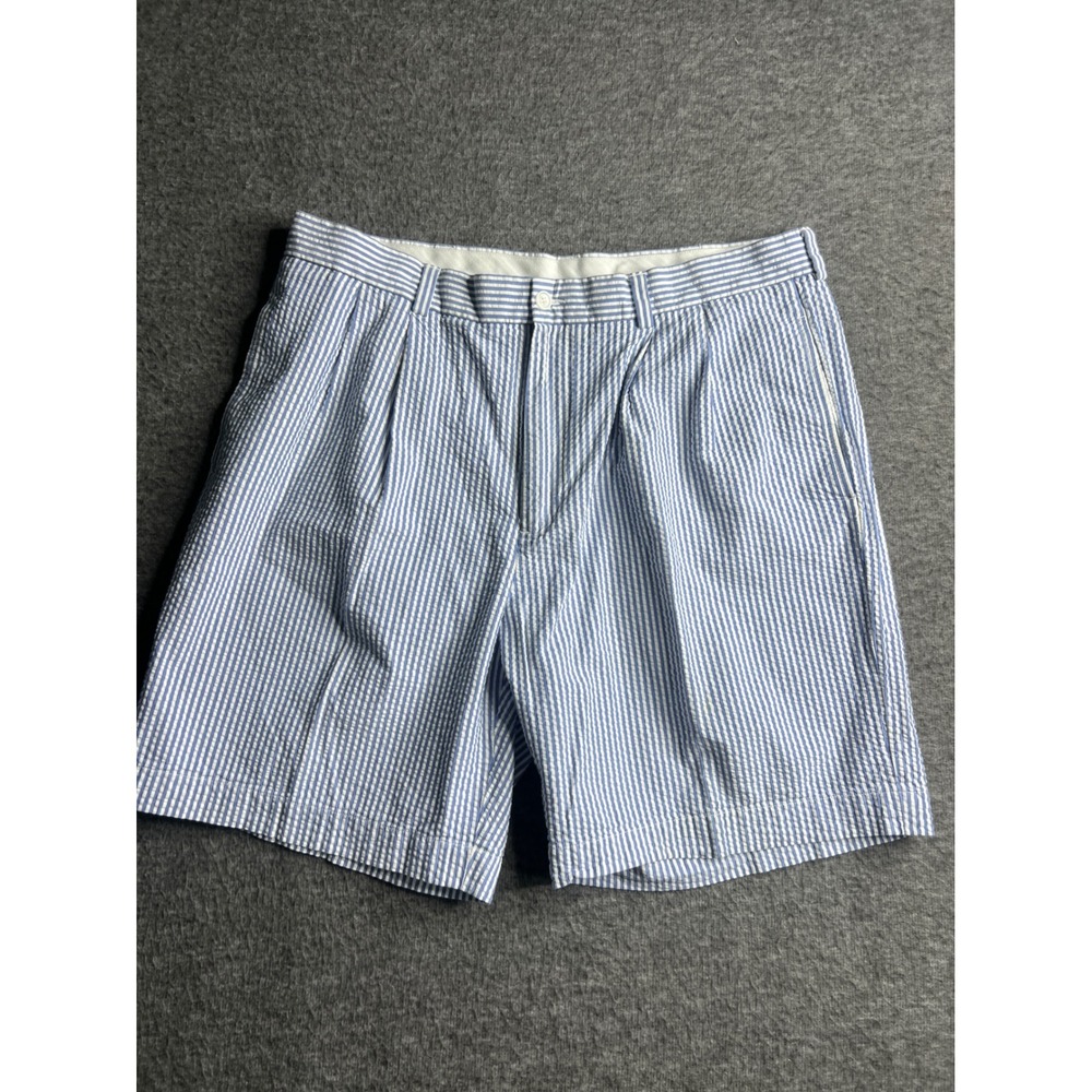 Brooks Brothers 346 Mens Blue White Seersucker Pleated Cotton Shorts Size 36
